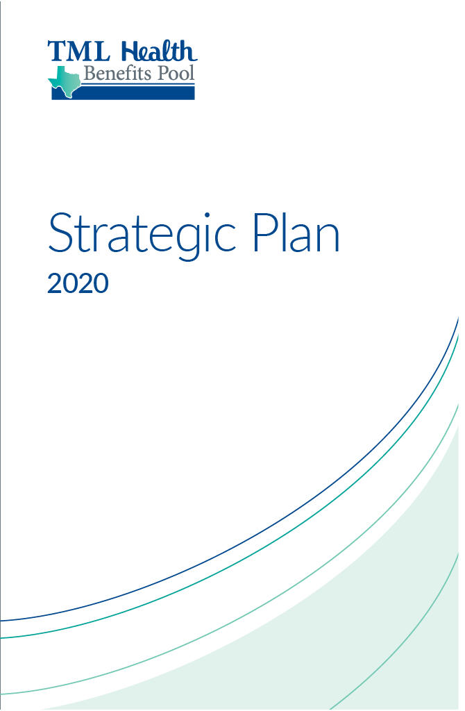 Cover image of the TML Health Strategic Plan booklet. Apart from the title TML Heath Strategic Plan, which occupies the top third of the cover, it is dated 2020, and features a clean, minimalistic design with the some swooshes in brand colors (navy blue an